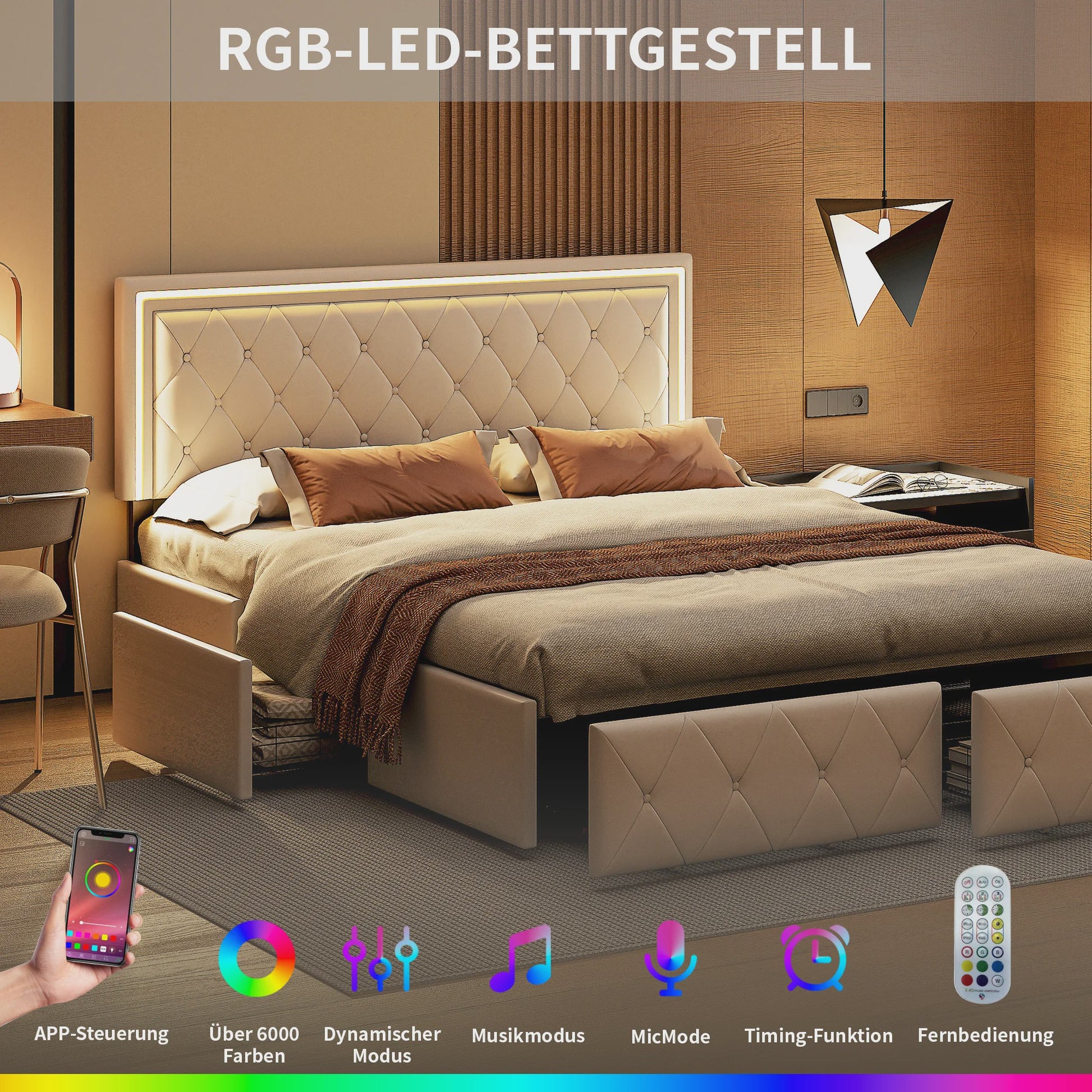 Modern Kunstlederen Bed met Lades en Opbergruimte - Stijlvol Dubbelbed