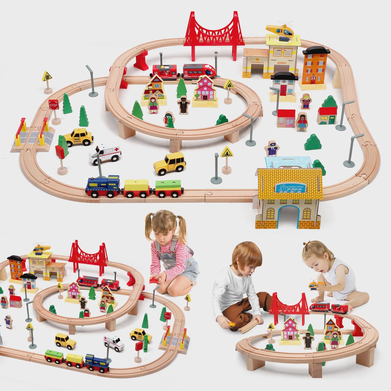 72/108 Pieces Montessori Set of Children's Toy Wood Trains, Cars, Engineering Railway Wooden Train Set Gift for Boys and Girls
