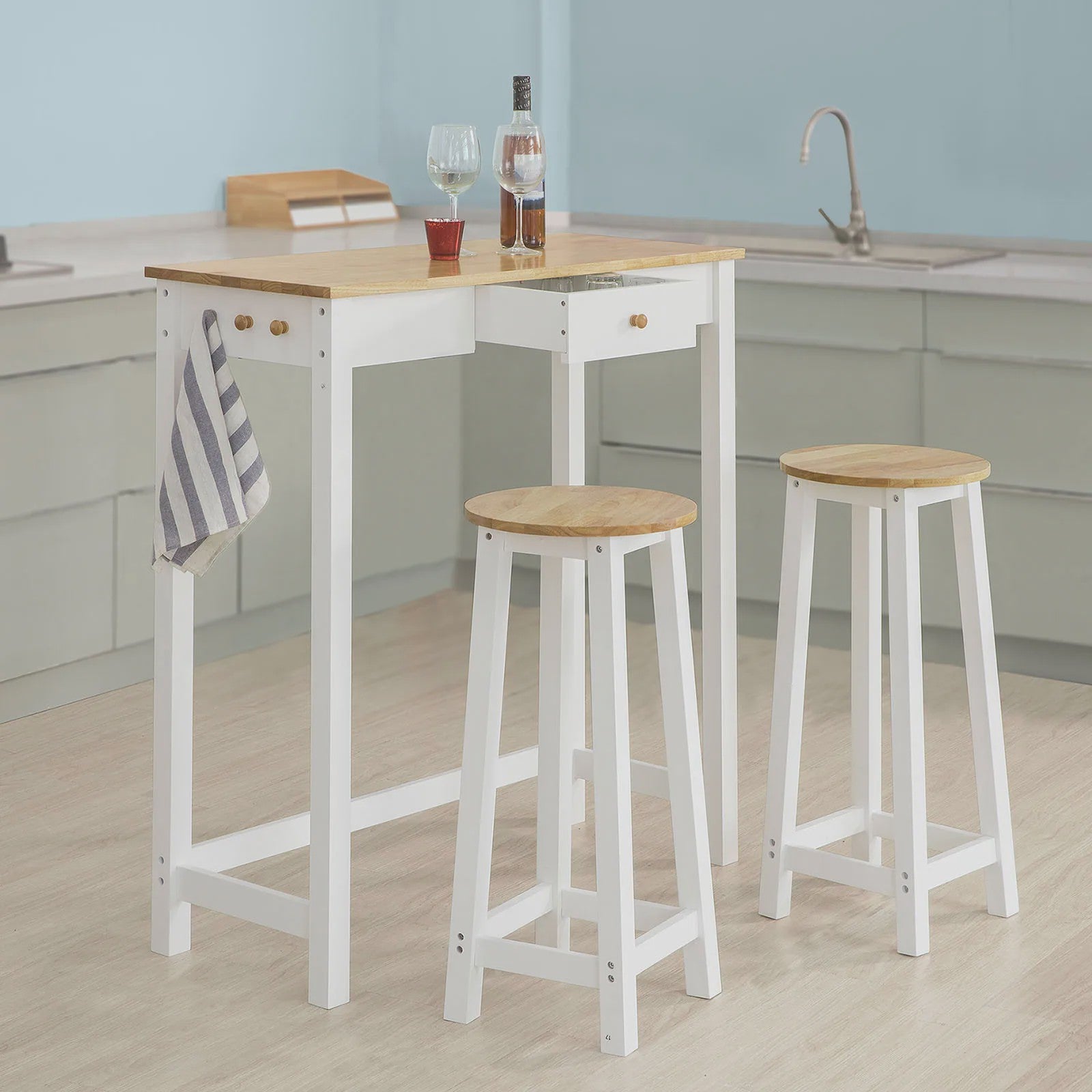 Compacte Bartafel Set met 2 Krukken, Lade en Haken - Ideaal voor Keuken en Bistro