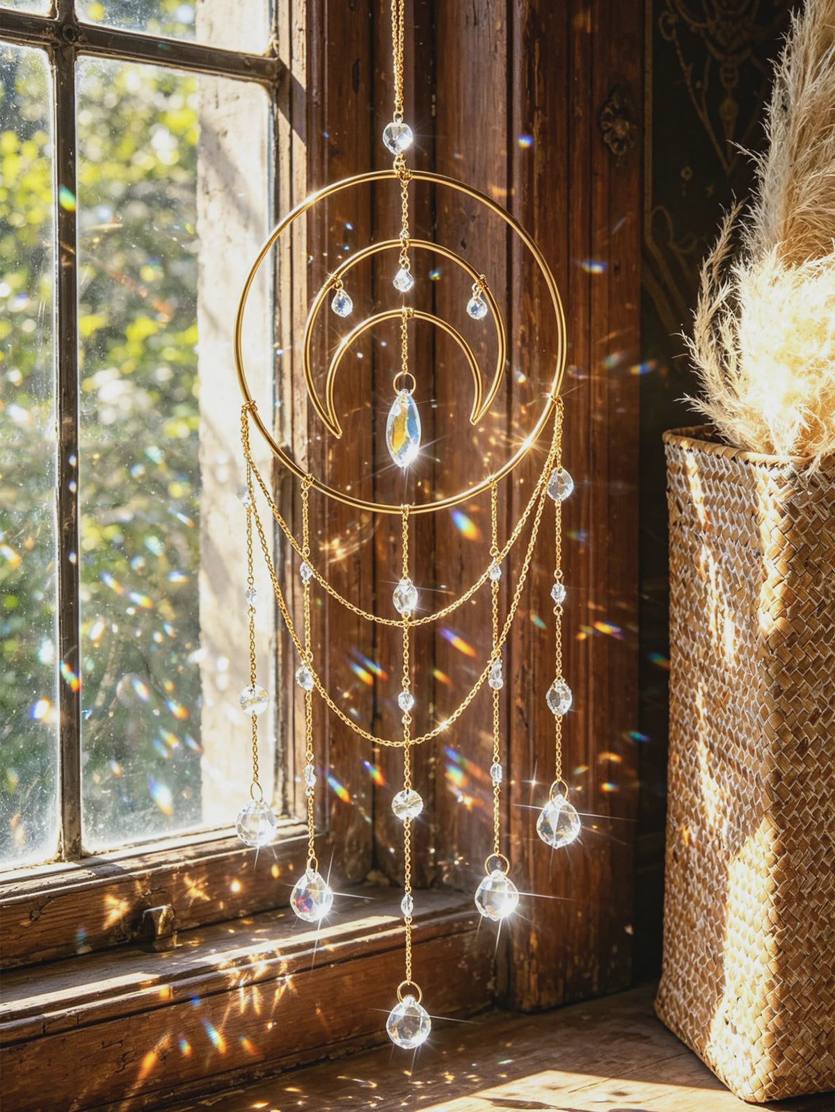 Gouden Maan Kristal Suncatcher - Regenboog Prisma Hanger voor Ramen & Tuin - Boho Decor Cadeau