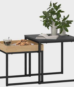 Set van 2 Nidos bijzettafels: Zwart Stalen Frame met Eikenhout Look - Stijlvol en Functioneel
