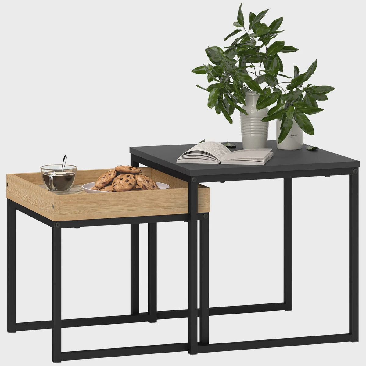 Set van 2 Nidos bijzettafels: Zwart Stalen Frame met Eikenhout Look - Stijlvol en Functioneel