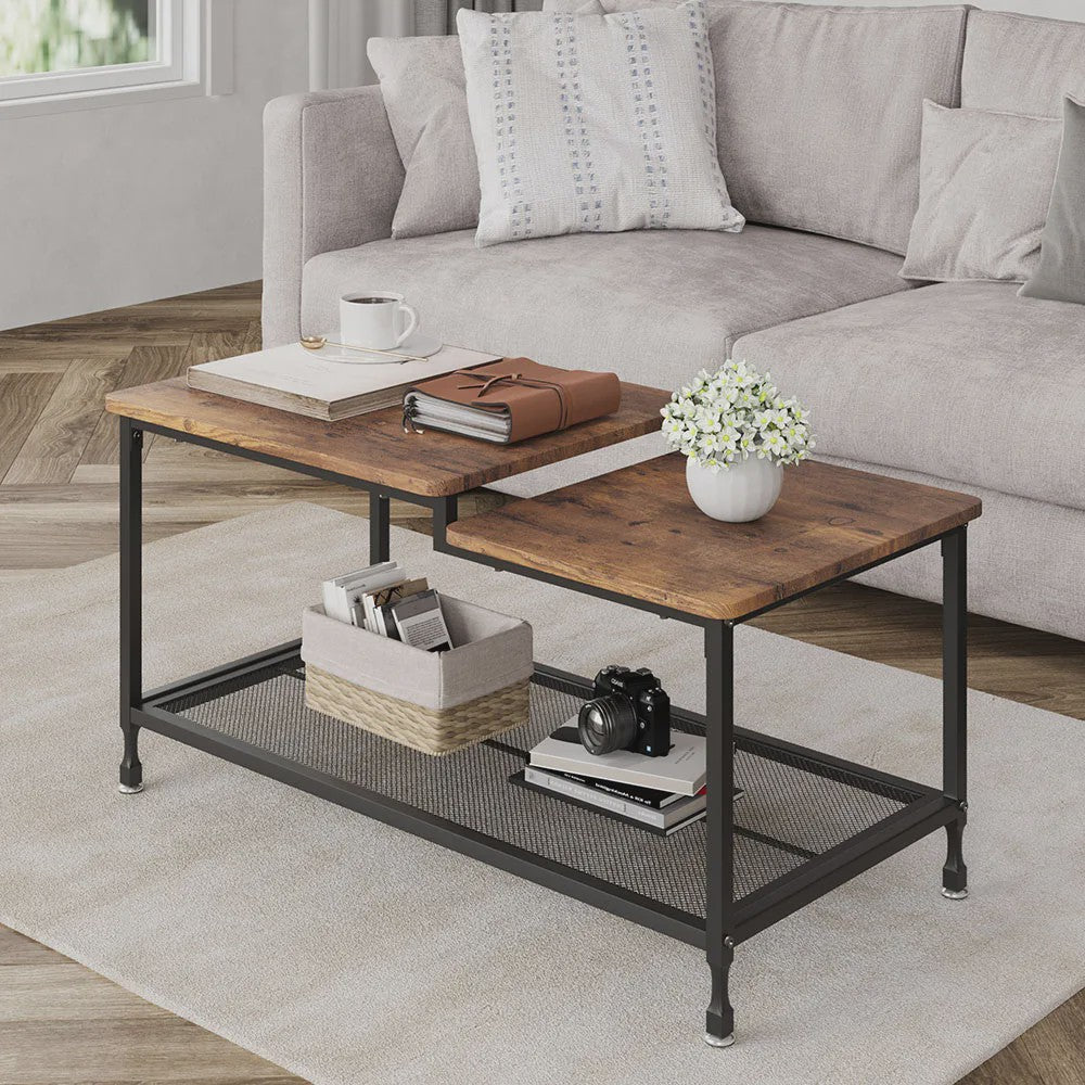 Industriële Salontafel met 2 Lagen - Rustiek Bruin, Vintage Hout & Stevig Metaal - Eenvoudig te Monteren