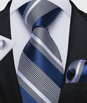 Luxe Blauwe Gestreepte Heren Das Set met Pochet & Manchetknopen - 8cm Breed