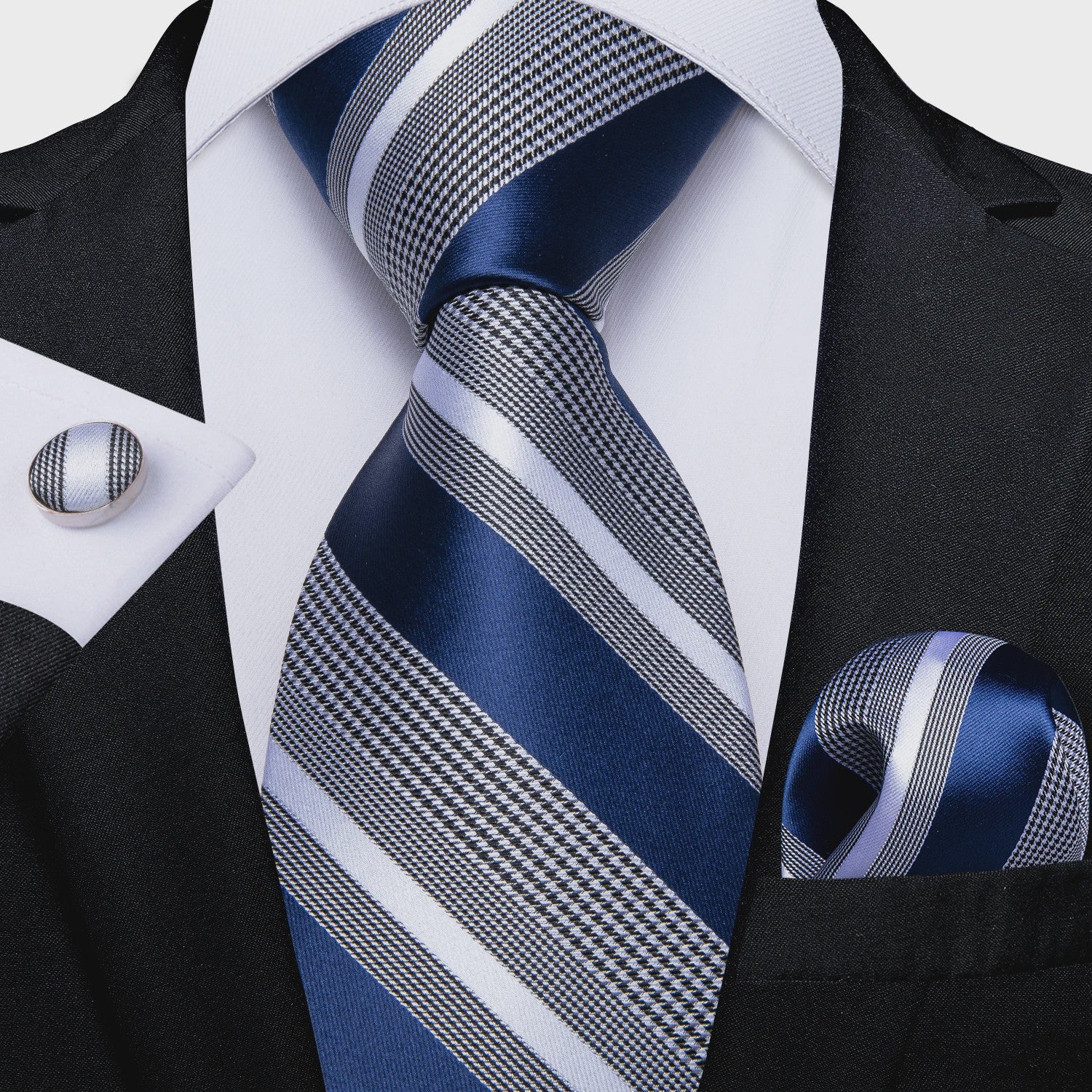 Luxe Blauwe Gestreepte Heren Das Set met Pochet & Manchetknopen - 8cm Breed