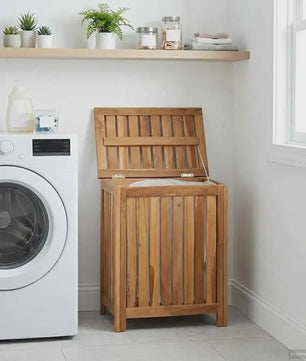 Natuurlijke Teak Houten Was Mand 50x35x60cm met Deksel - Badkamer Opbergmeubel