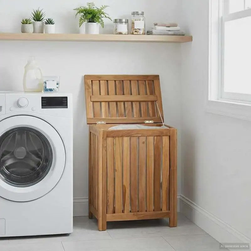 Natuurlijke Teak Houten Was Mand 50x35x60cm met Deksel - Badkamer Opbergmeubel