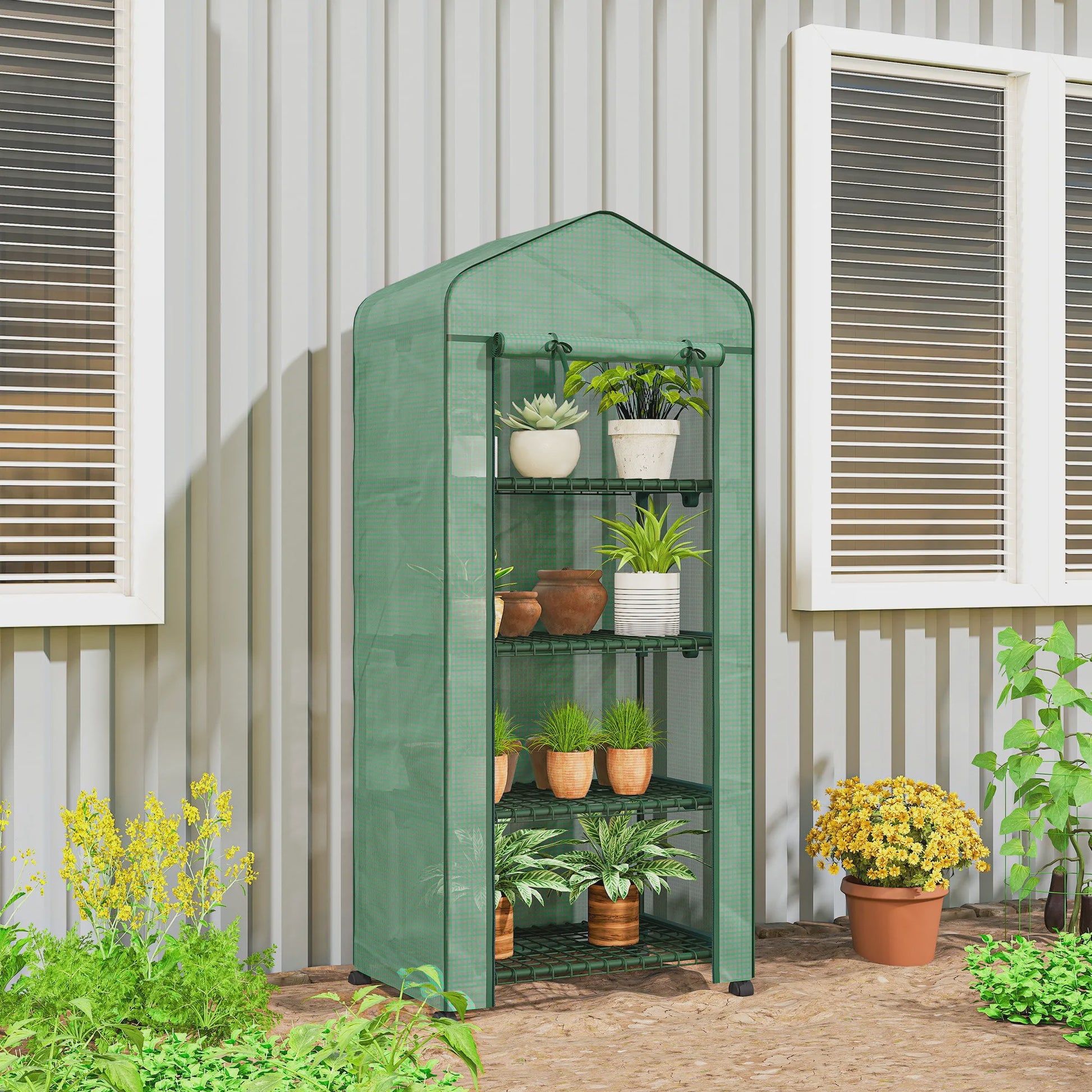 Outsunny Mini Kas met Wielen en 4 Planken - Compacte Film Kas voor Planten