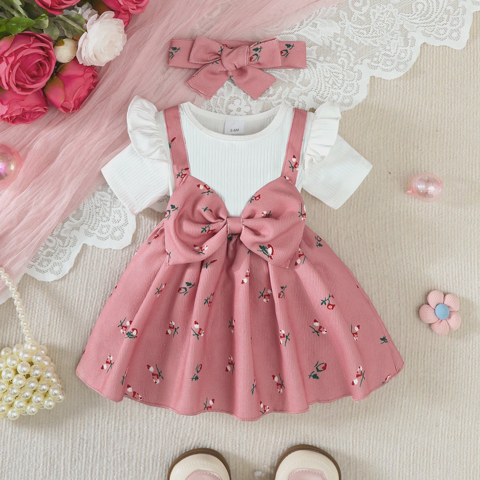 Zomerjurk met Hoofdband voor Baby Meisjes - Bloemig Design met Grote Strik