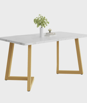 Eetkamertafel 117x68cm Rechthoekig met Goudkleurig Metalen Frame - Marmerlook