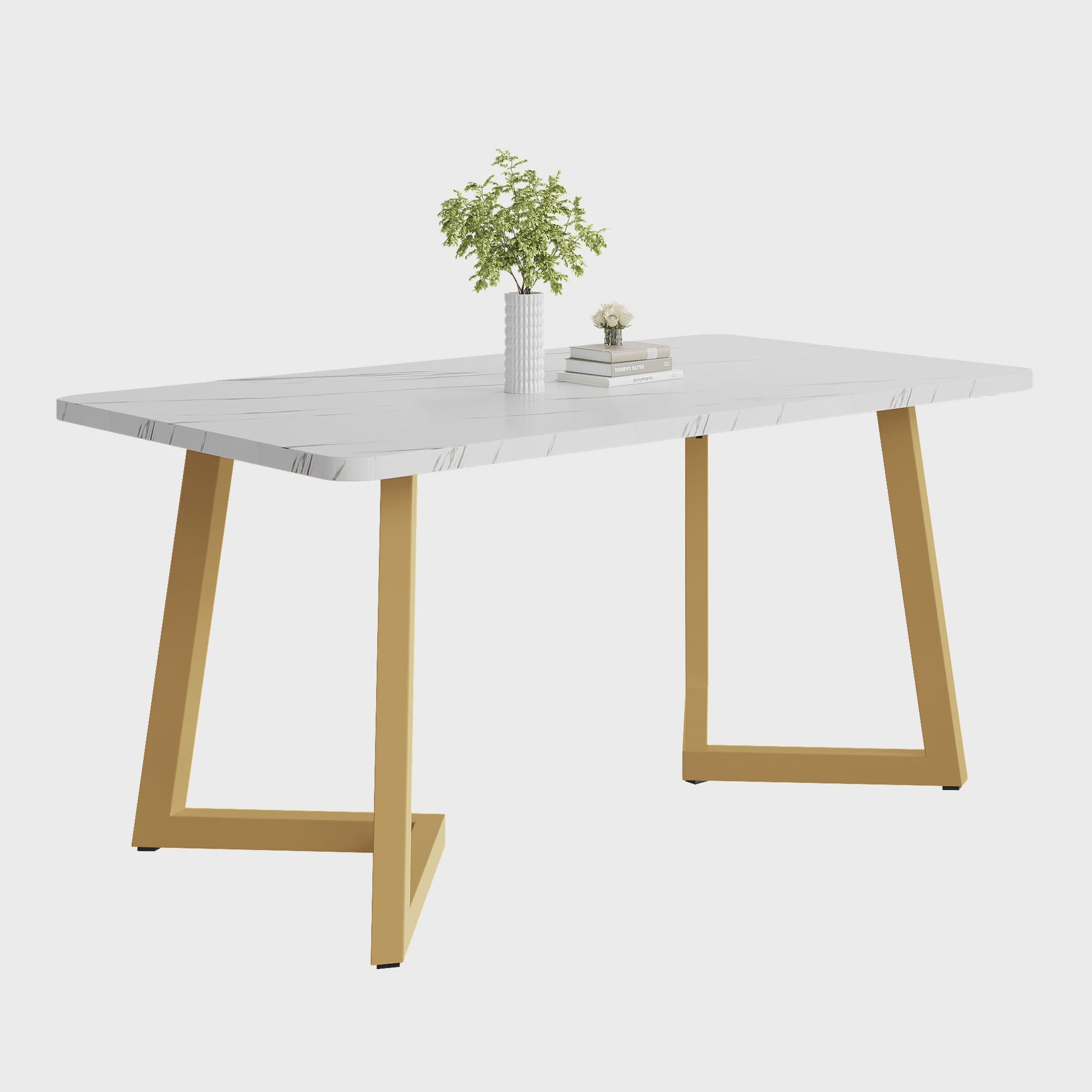 Eetkamertafel 117x68cm Rechthoekig met Goudkleurig Metalen Frame - Marmerlook
