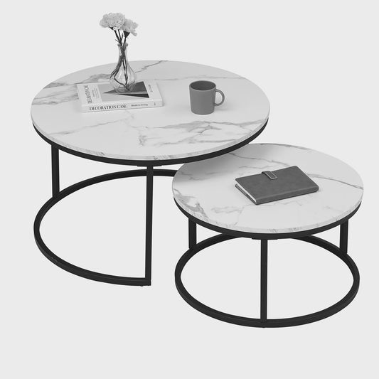 Set van 2 Marmerlook Salontafels - Rond, Combineerbaar & Stijlvol Zwart Metaal