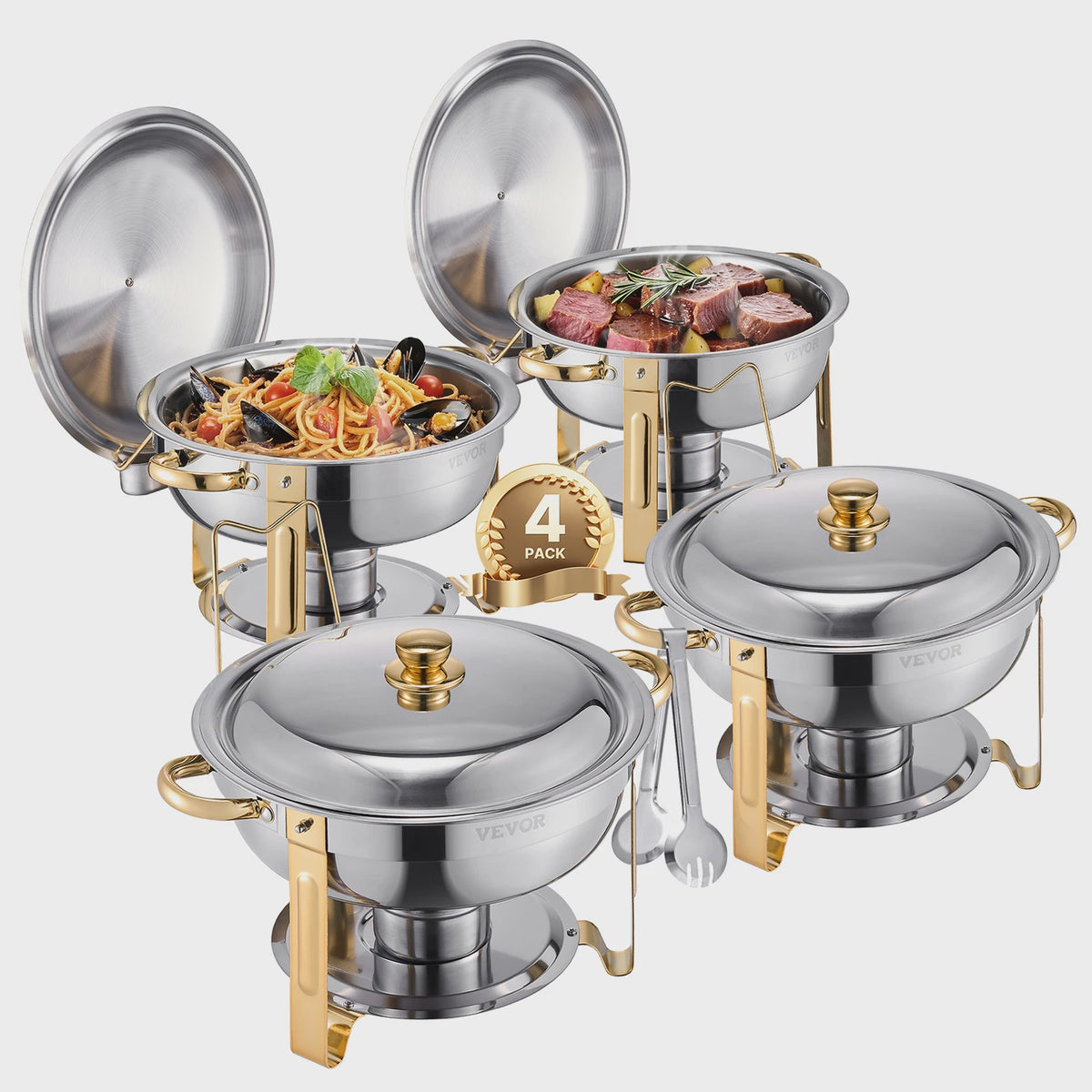 Set van 4 RVS Bain Maries (Chafing Dishes) - 5 Qt Capaciteit - Buffet Warmer