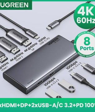 UGREEN 8-in-1 USB-C Hub: Triple 4K Display, 10Gbps, 100W PD - Ideaal voor MacBook & PC