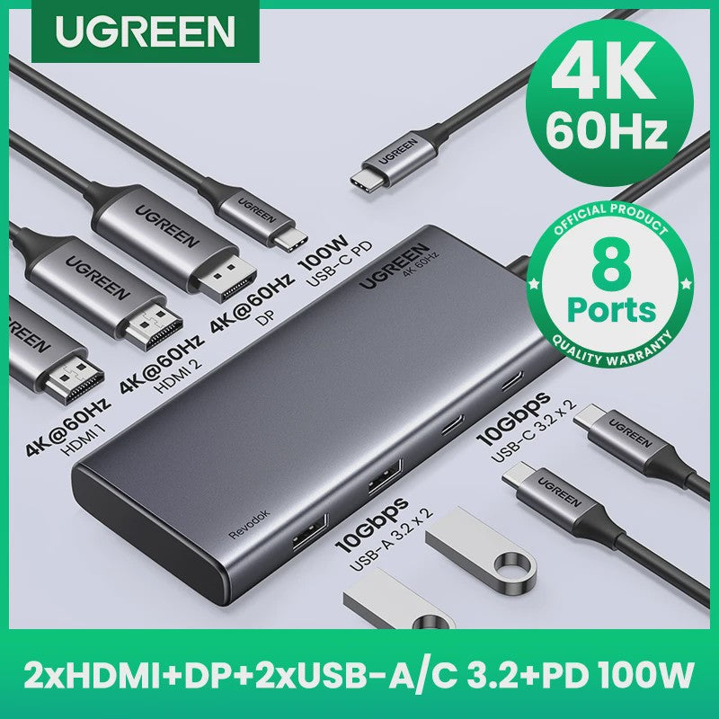 UGREEN 8-in-1 USB-C Hub: Triple 4K Display, 10Gbps, 100W PD - Ideaal voor MacBook & PC