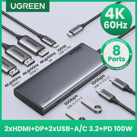 UGREEN 8-in-1 USB-C Hub: Triple 4K Display, 10Gbps, 100W PD - Ideaal voor MacBook & PC