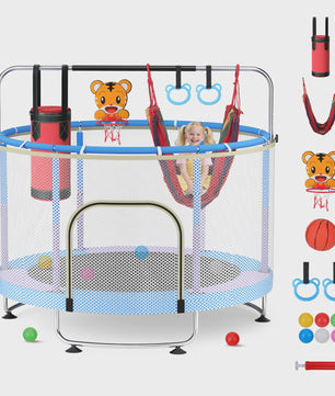 150cm Kids Trampoline,Adjustable Baby Toddler Trampoline with Basketball Hoop, Swing, Sandbag, Ocean Balls,330lbs Indoor Outdoor