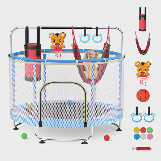 150cm Kids Trampoline,Adjustable Baby Toddler Trampoline with Basketball Hoop, Swing, Sandbag, Ocean Balls,330lbs Indoor Outdoor