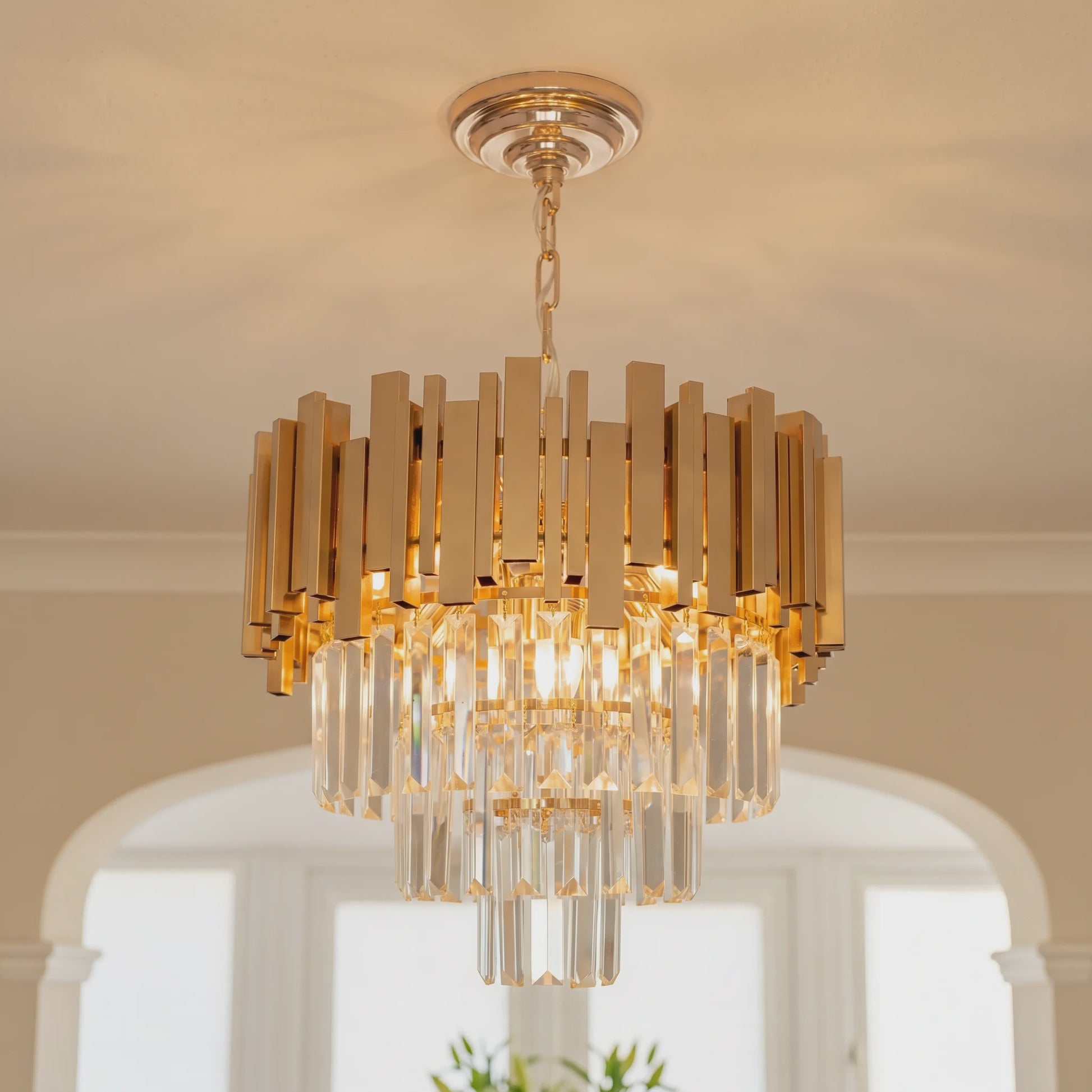 Moderne Gouden Kristallen Kroonluchter - Verstelbare Ketting, 3-Tier K9 Kristal Plafondlamp