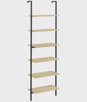 Industrieel Wandrek met 6 Planken - Zwart Staal & Naturel Hout - 60x30x206 cm