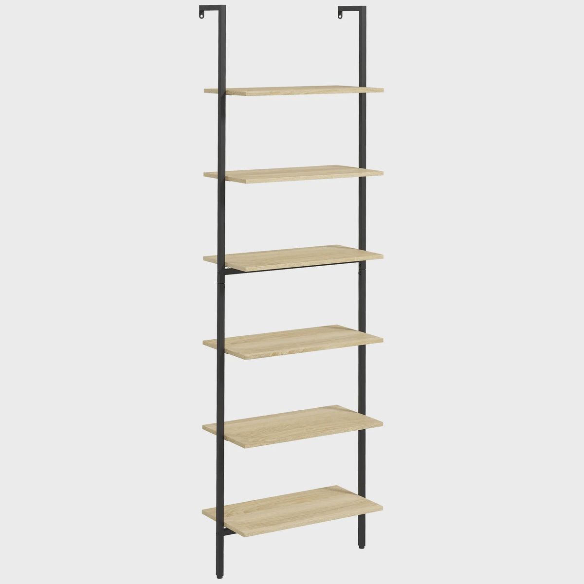 Industrieel Wandrek met 6 Planken - Zwart Staal & Naturel Hout - 60x30x206 cm