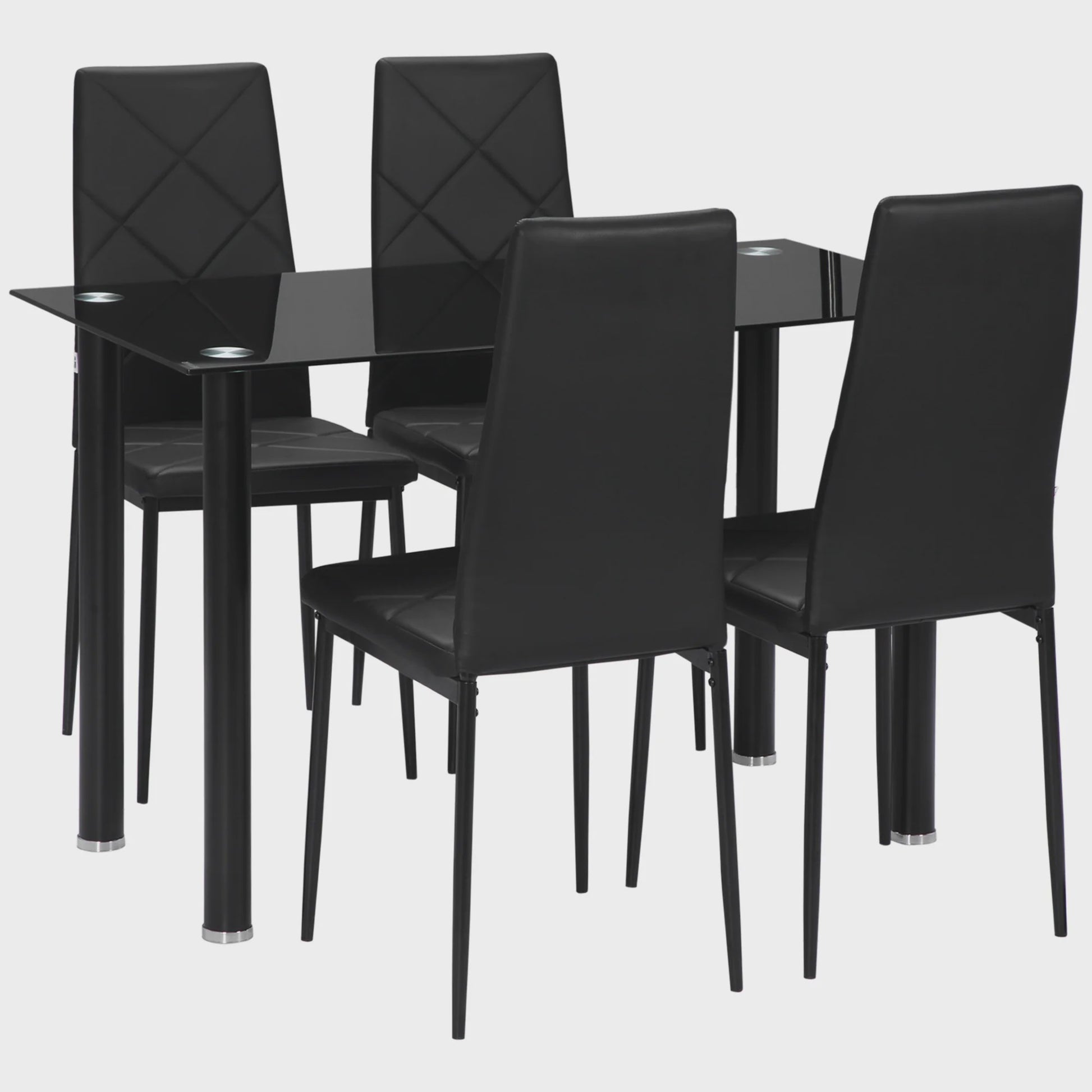 Eetkamer Set: Glazen Eettafel met 4 Zwarte Stoelen - Modern Design