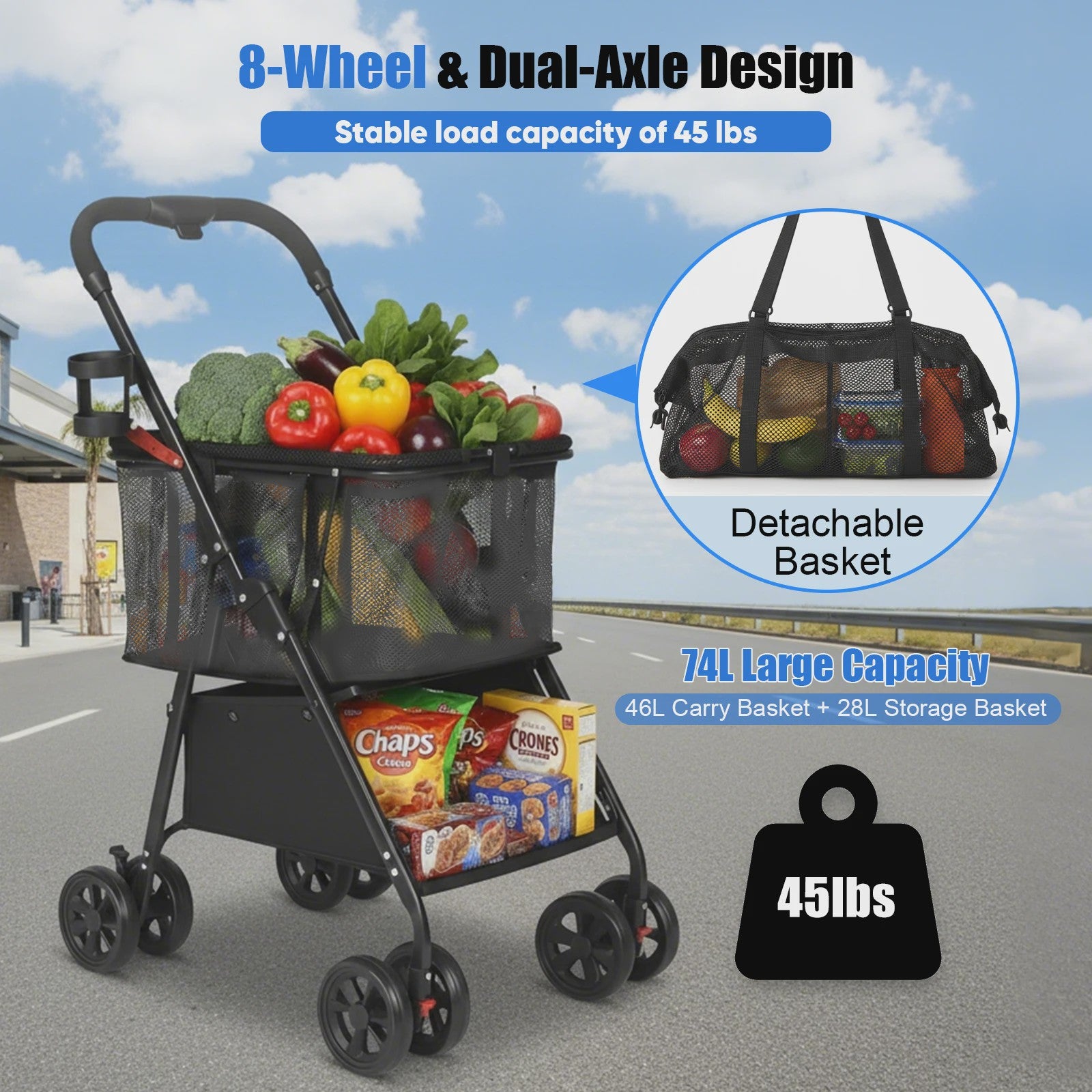 Dubbele Boodschappentrolley met 360° Wielen en Afneembare Tas