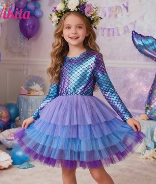 Meisjes Zeemeermin Jurk met Gelaagde Tule Rok - Feestelijke Prinsessenjurk 3-12 Jaar