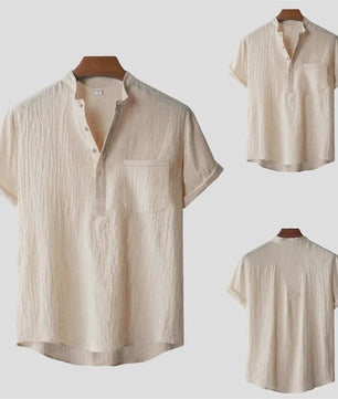 Zomer T-shirt Heren Katoen Linnen - Henley Nek, Korte Mouw, Ademend & Comfortabel