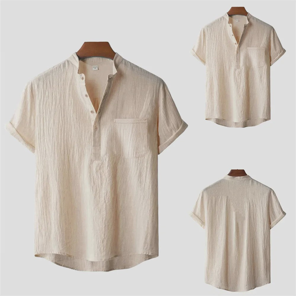 Zomer T-shirt Heren Katoen Linnen - Henley Nek, Korte Mouw, Ademend & Comfortabel