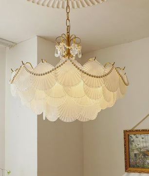 Moderne Koperen Plafondlamp met Schelp Glas en LED - Stijlvolle Hanglamp voor Woonkamer, Eetkamer & Slaapkamer