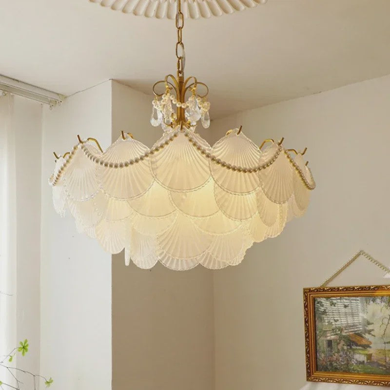 Moderne Koperen Plafondlamp met Schelp Glas en LED - Stijlvolle Hanglamp voor Woonkamer, Eetkamer & Slaapkamer