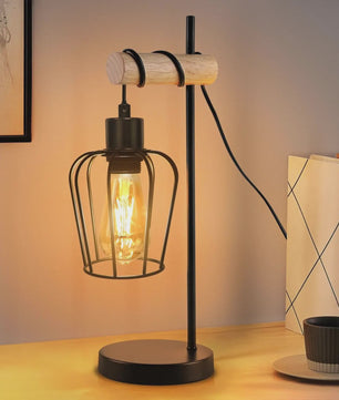 Vintage Industriële Tafellamp met Houten Accent - Zwart Metaal, E27 Fitting