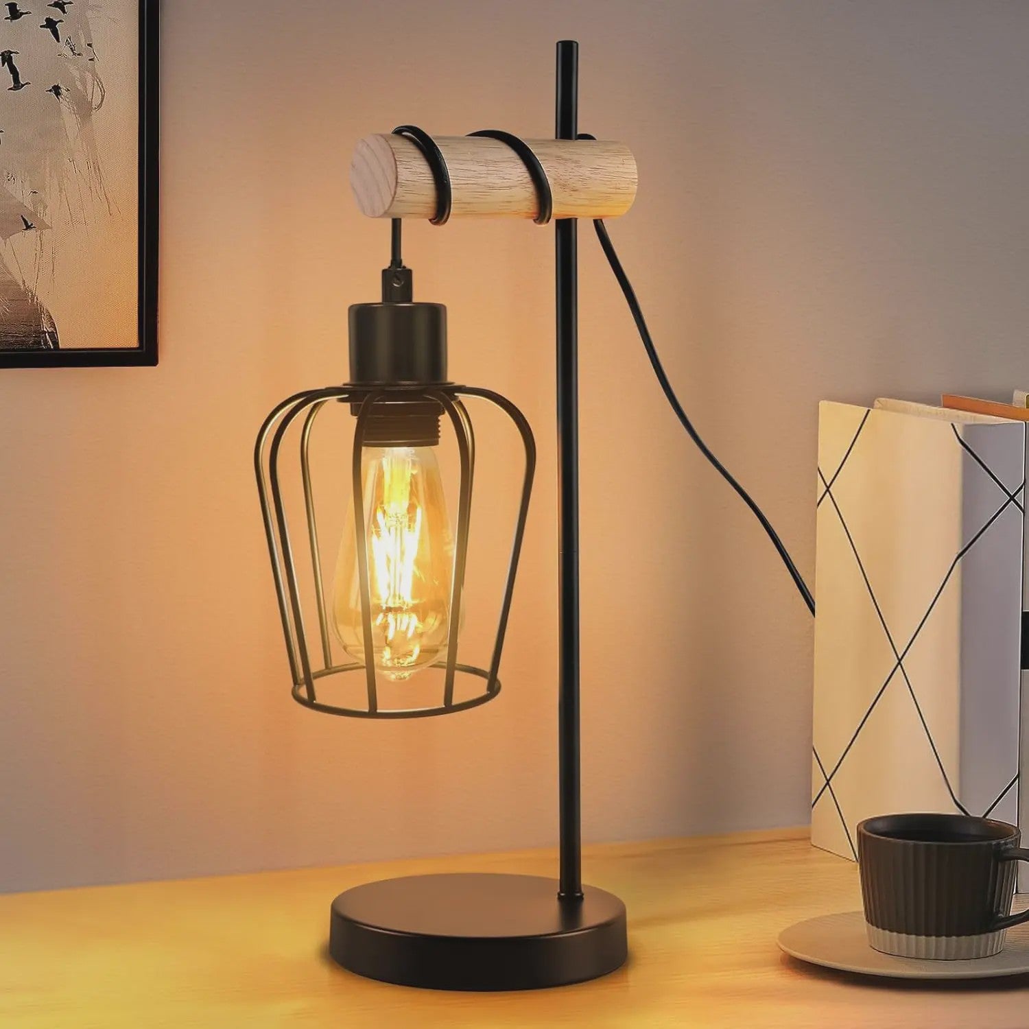 Vintage Industriële Tafellamp met Houten Accent - Zwart Metaal, E27 Fitting