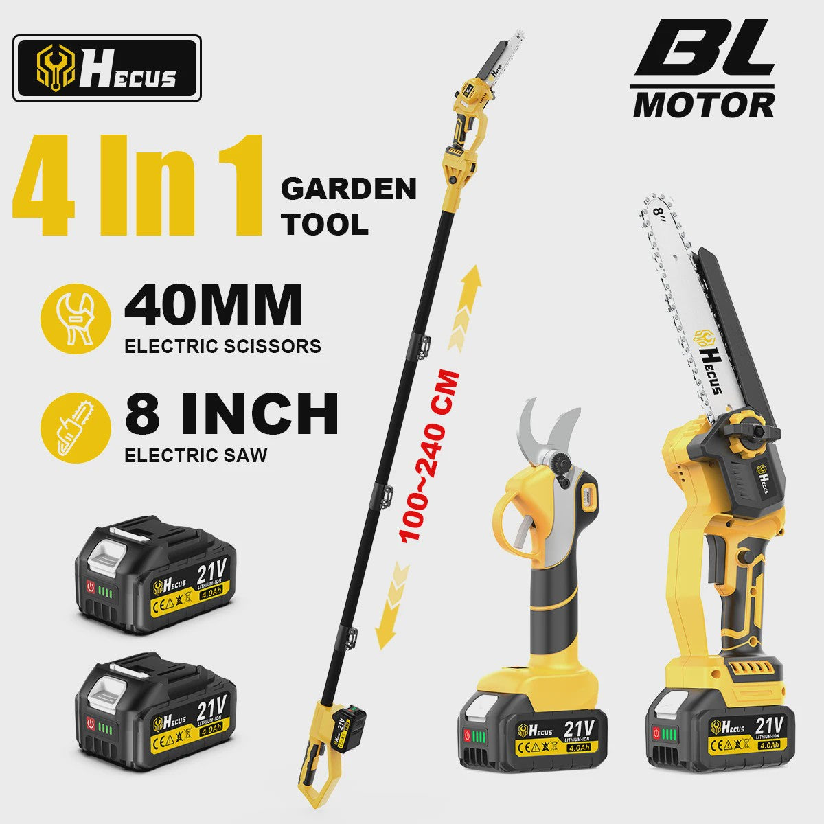 Hecus 4-in-1 Telescopische Snoeischaar & Kettingzaag - Borstelloos, voor Makita 18V Accu
