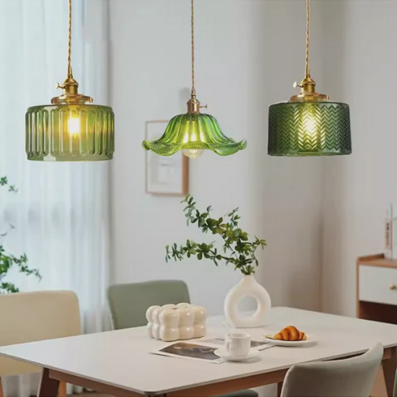 Vintage Groene Glazen Hanglamp - Nordic Stijl, Koperen Accent