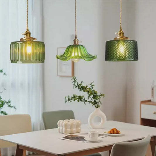 Vintage Groene Glazen Hanglamp - Nordic Stijl, Koperen Accent