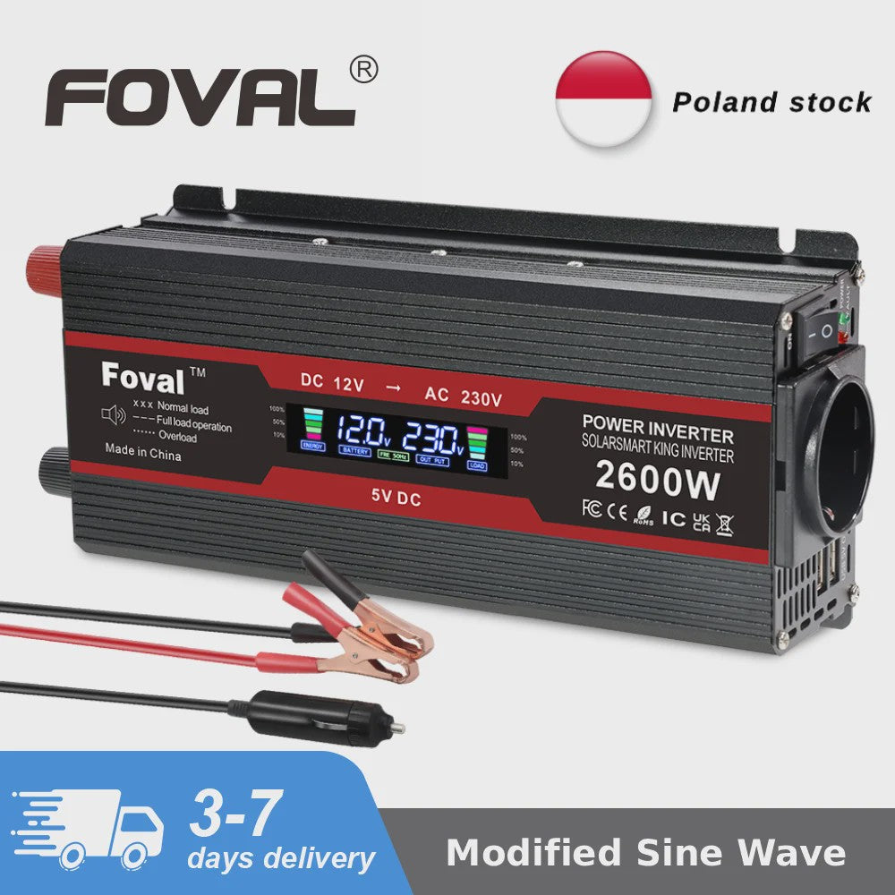 Krachtige 1500W-3000W Auto Omvormer (DC12V/24V naar AC230V) met LCD, USB & EU-stopcontact