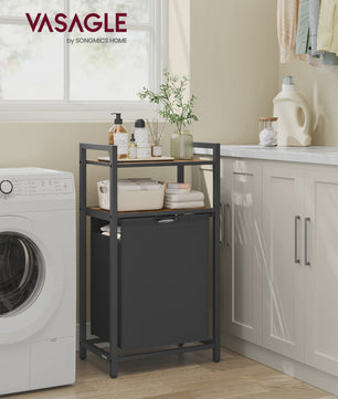 VASAGLE Wasmand met 2 Planken, Uitschuifbaar & Verwijderbare Zak (65L) - Ideaal voor Badkamer & Wasruimte