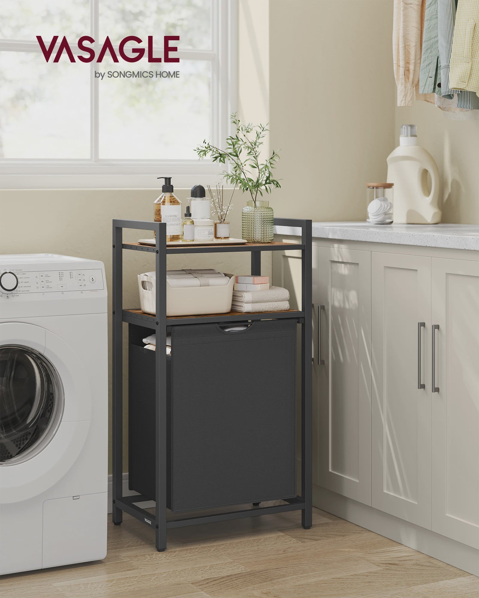 VASAGLE Wasmand met 2 Planken, Uitschuifbaar & Verwijderbare Zak (65L) - Ideaal voor Badkamer & Wasruimte