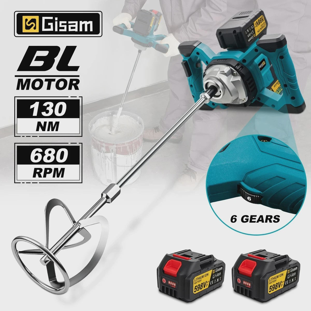 Gisam Accu Betonmixer 6-Speed Borstelloze Motor - 1700W Krachtig & Veelzijdig
