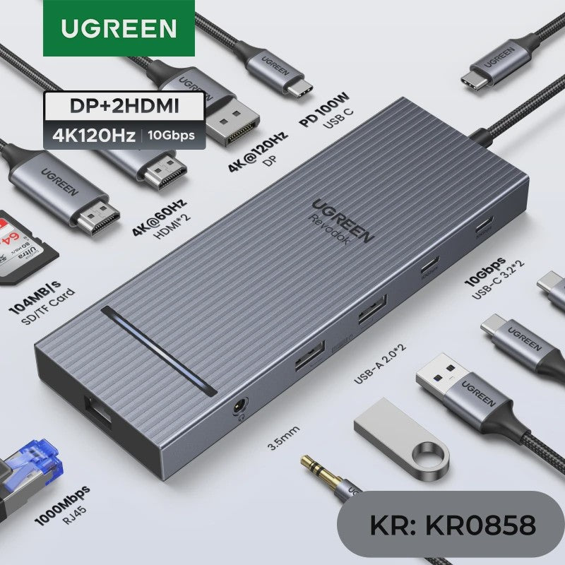 UGREEN 12-in-1 USB-C Docking Station: 2x HDMI 4K@120Hz, 10Gbps USB, RJ45, PD 100W