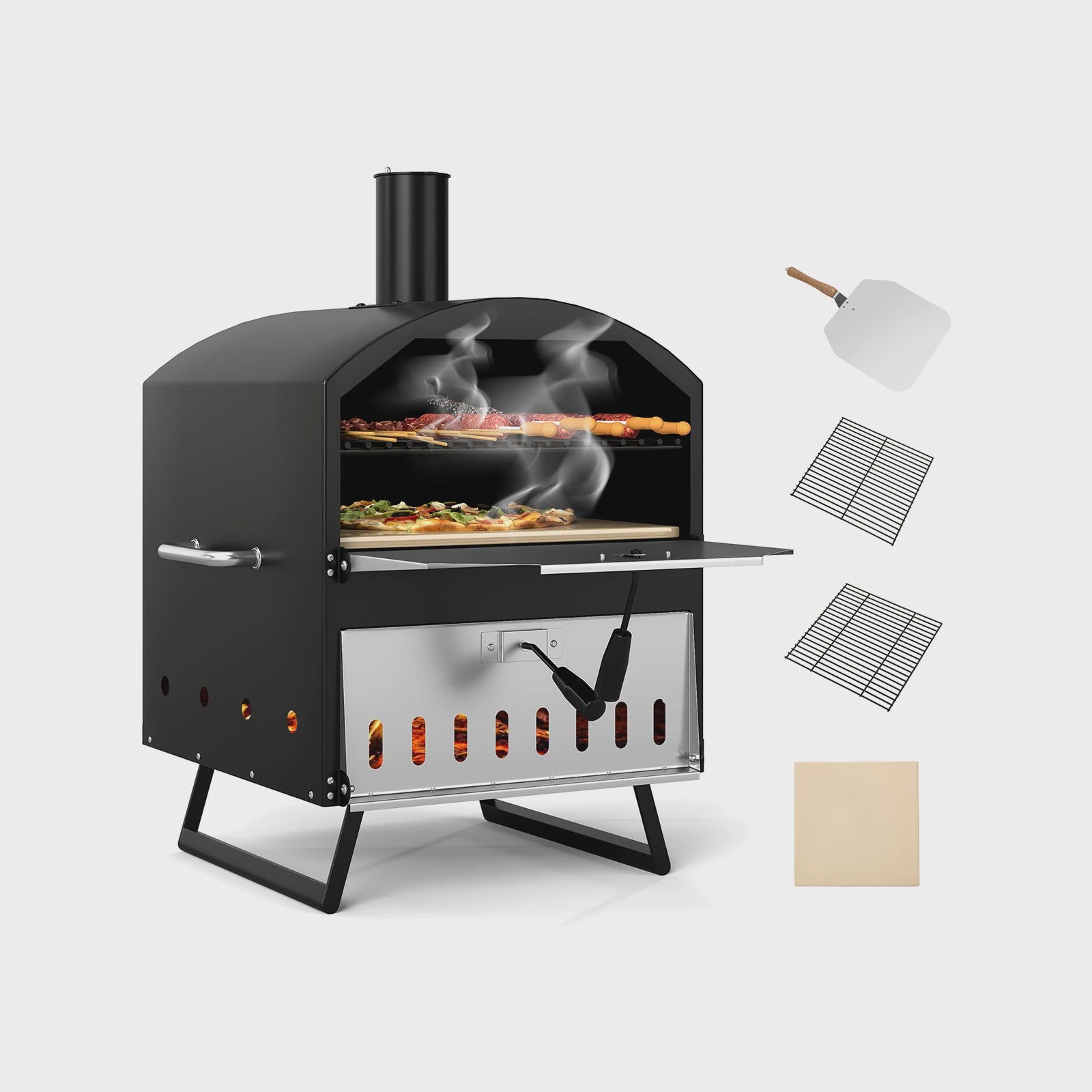 Houtgestookte Pizzaoven Buiten - Draagbare Pizza Maker met Steen, Spatel & Grillroosters