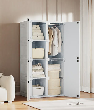 Draagbare Opvouwbare Garderobekast Organizer - Wit ABS Plastic Kledingkast met Deuren