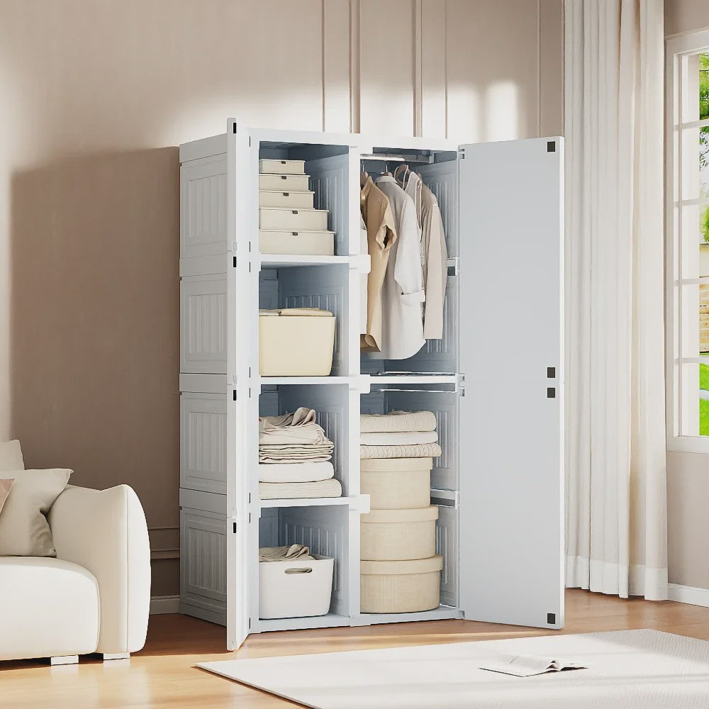 Draagbare Opvouwbare Garderobekast Organizer - Wit ABS Plastic Kledingkast met Deuren