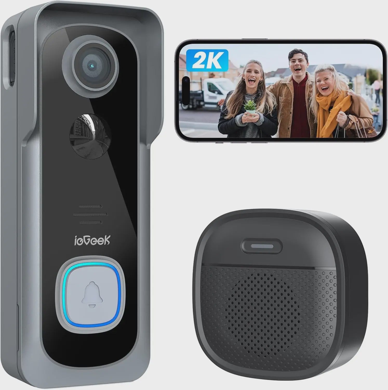 ieGeek Draadloze Deurbel met Camera - 2K, IP66 Waterdicht, Geen Maandelijkse Kosten, Tweeweg Audio, PIR Detectie, 2.4G WiFi