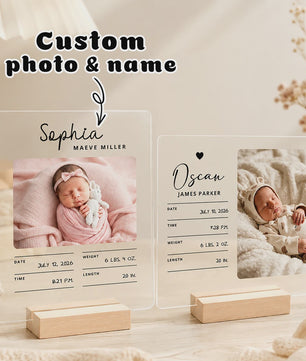 Gepersonaliseerd Geboortebord met Babyfoto & Geboortegegevens - Acryl & Hout
