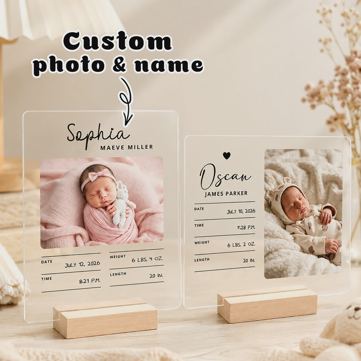 Gepersonaliseerd Geboortebord met Babyfoto & Geboortegegevens - Acryl & Hout