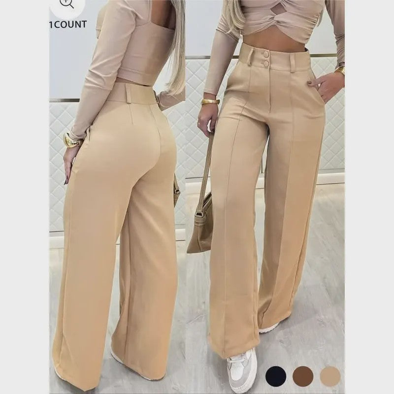 Dames Hoge Taille Wijde Pijpen Broek met Dubbele Knopen - Stijlvol & Slank