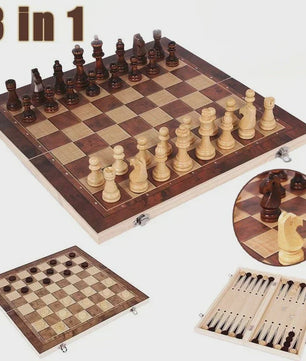 3-in-1 Houten Schaken, Dammen en Backgammon Spel - Draagbaar en Opvouwbaar